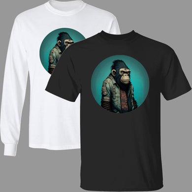 Black & white tees with comic image of a gorilla wearing blue jean jacket on blue background