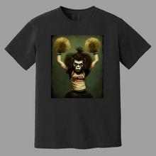 Load image into Gallery viewer, Grunge Ape Cheerleader Holding Yellow PomPoms Tee Blk