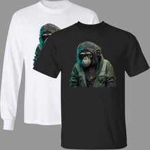 Load image into Gallery viewer, Black and White tees with Chimpanzee wearing 90&#39;s slacker fashion, blue jean jacket