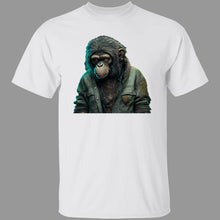 Load image into Gallery viewer,  Tee with Chimpanzee wearing 90&#39;s slacker fashion, blue jean jacket