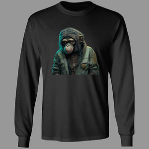 Black long sleeve Tee with Chimpanzee wearing 90's slacker fashion, blue jean jacket