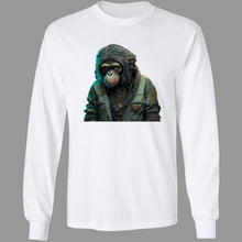 Load image into Gallery viewer, White long sleeve tee Tee with Chimpanzee wearing 90&#39;s slacker fashion, blue jean jacket