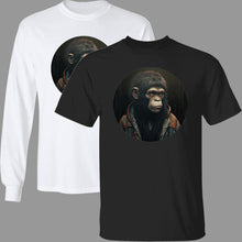 Load image into Gallery viewer, Black &amp; White tees Chimpanzee wearing 90&#39;s slacker fashion, blue jean jacket