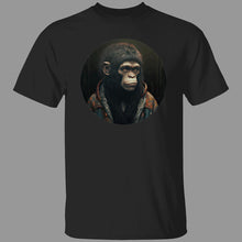 Load image into Gallery viewer, Black Tee with Chimpanzee wearing 90&#39;s slacker fashion, blue jean jacket