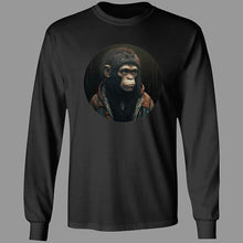Load image into Gallery viewer, Black long sleeve Tee with Chimpanzee wearing 90&#39;s slacker fashion, blue jean jacket