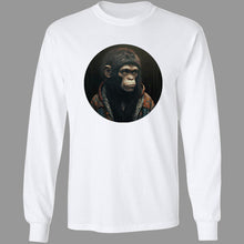 Load image into Gallery viewer, White long sleeve Tee with Chimpanzee wearing 90&#39;s slacker fashion, blue jean jacket