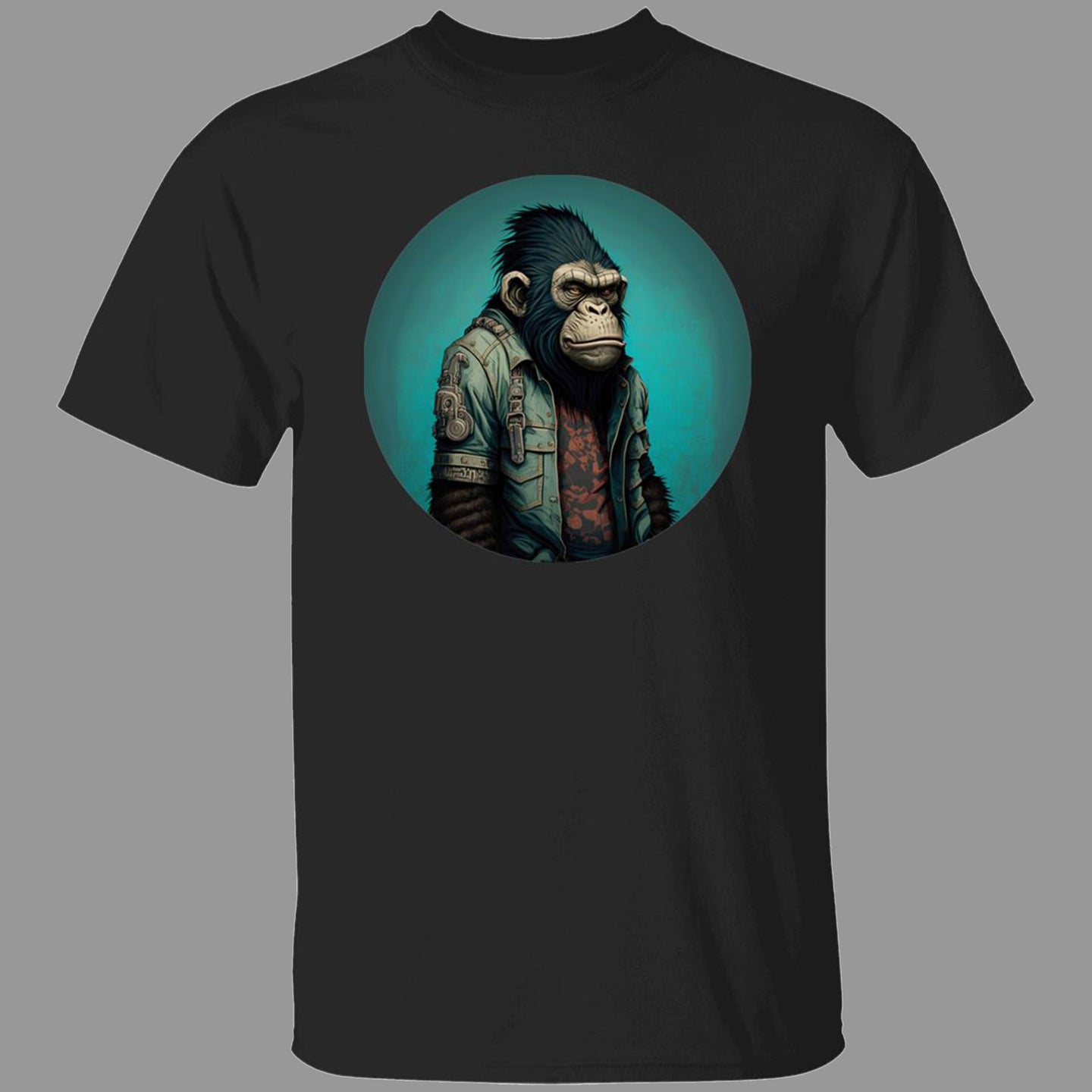 Black tee with comic image of a gorilla wearing blue jean jacket on blue background