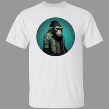 Load image into Gallery viewer, White tee with comic image of a gorilla wearing blue jean jacket on blue background