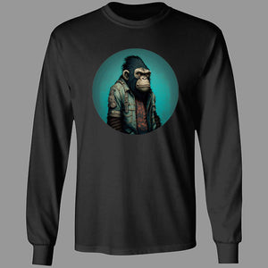 black long sleeve tee with comic image of a gorilla wearing blue jean jacket on blue background