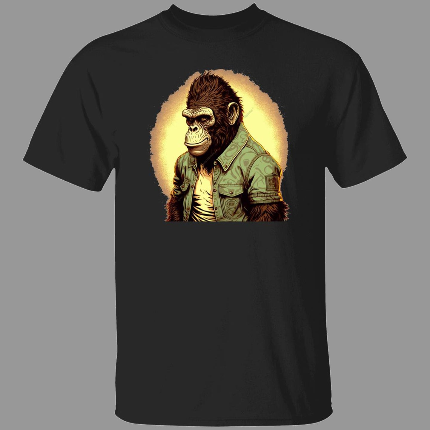 Black Tee with Gorilla wearing green button-up shirt