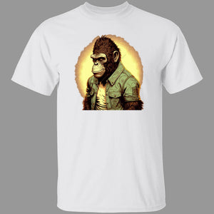 White Tee with Gorilla wearing green button-up shirt