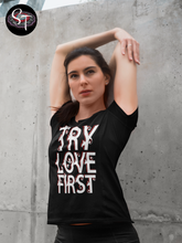 Load image into Gallery viewer, Try Love First - AOP Crew Neck T-shirt Short Sleeve, Black