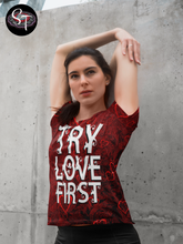 Load image into Gallery viewer, Try Love First - AOP Crew Neck T-shirt Short Sleeve