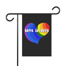 Load image into Gallery viewer, Love Is Love Rainbow Heart Flag Garden &amp; House Banner Pole Not Included for Pride Month LGBTQIA+ Ally Lawn Ornament in 2 sizes outdoor flag