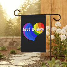 Load image into Gallery viewer, Love Is Love Rainbow Heart Flag Garden &amp; House Banner Pole Not Included for Pride Month LGBTQIA+ Ally Lawn Ornament in 2 sizes outdoor flag